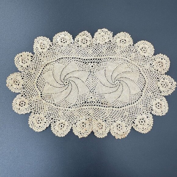 Handmade Other - Vtg Beige Crochet Lace Doily Rose & Swirl Design 10"x7" Cottage Core Pinwheel